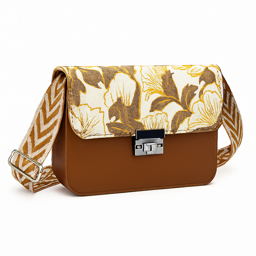 Brown Floral Handbag with Chevron Strap and Silver Clasp